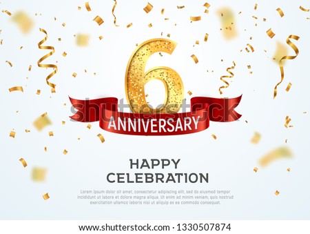 6 years anniversary vector banner template. Six year jubilee with red ribbon and confetti on white background
