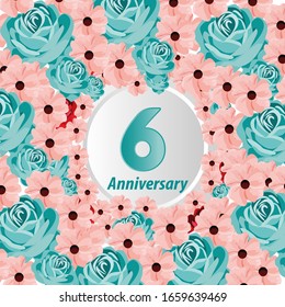 6 años de aniversario. Tarjeta de saludo decorativa floral para celebración