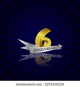 6 years anniversary Vector Template Design with golden color and silver ribbon isolated on blue sunburst background illustration for celebration event - Vector