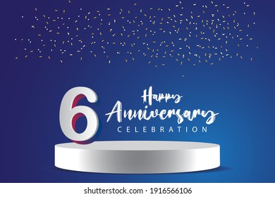Ilustración de diseño de plantillas vectoriales de 6 años de aniversario. Números 3d azules con escenario de podio para celebración