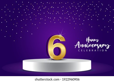 6 Years Anniversary Vector Template Design Illustration. Blue 3d Numbers with podium stage for celebration