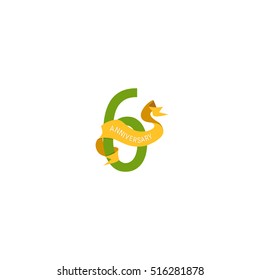 6 Years Anniversary with Yellow Ribbon. Logo Celebration Isolated on White Background