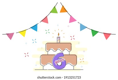 6 years. Cake with a candle and colored flags for congratulations on a birthday, holiday, wedding or anniversary. Flat style.