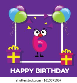 6 years - cute birthday card. funny charakter number.birthday balloons