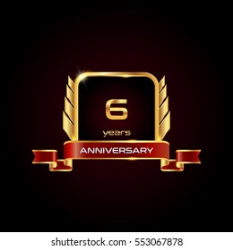 6 years gold anniversary celebration square logo with red ribbon  , isolated on dark background