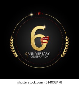 6 years golden anniversary logo with red ribbon, low poly design number, isolated on black background