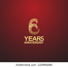 6 years golden anniversary logotype with labyrinth style number isolated on red background