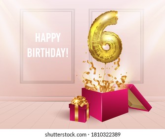 6 years with a Golden balloon. The celebration of the anniversary. Balloons with sparkling confetti fly out of the box, number 6 on the background of the room. A girl's birthday or wedding decorations