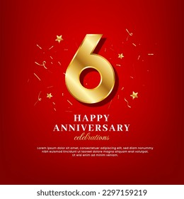 6 years of golden numbers, anniversary celebrating text, ad anniversary congratulation text with golden confetti spread on a red background