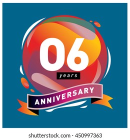 6 years greeting card anniversary with colorful number and frame. logo and icon with circle badge and background