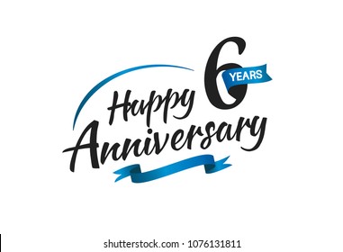 6 years happy anniversary celebration with blue swoosh and blue ribbon isolated on white background 