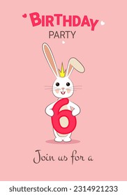 6 years old birthday party for a girl. A party for children. Hare with a princess crown with the number 6 in his paws. In pink flowers 