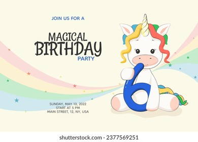 6 years old Magical kids birthday party invitation with cute rainbow unicorn