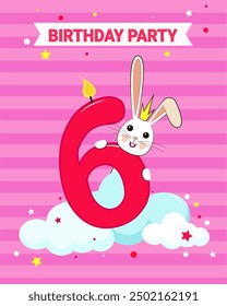 6 years old number candle. Children's birthday party with bunny in pink colors. Party invitation