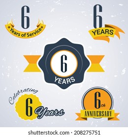 6 years of service/ 6 years / Celebrating 6 years / 6th Anniversary - Set of Retro vector Stamps and Seal for business