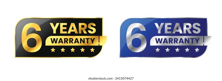 6 Years warranty label, badge, icon, logo. Parallelogram rhombus shape with gold and silver color. Vector Illustration