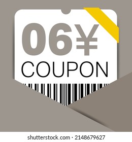 6 Yen Coupon promotion sale for a website, internet ads, social media gift 6 Yuan off discount voucher. Big sale and super sale coupon discount. Price Tag Mega Coupon discount vector illustration.
