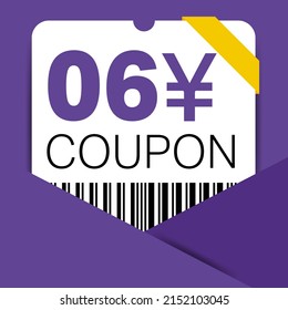 6 Yen Coupon promotion sale for a website, internet ads, social media gift 6 Yuan off discount voucher. Big sale and super sale coupon discount. Price Tag Mega Coupon discount vector illustration.