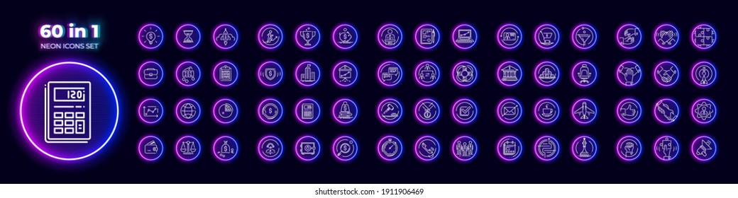 60 In 1 Set Of Lineart Vector Icons In Cyberpunk Neon Glow Style. Related To Business, Financial, Organizational, Technology, Team Building Themes.