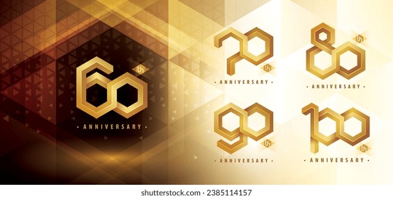 Diseño de logotipo de 60 a 100 años, celebración del aniversario de 60 a 100 años. Resumen Hexagon Infinity Emhead, 60,70,80,90,100 Years Logo dorden for event. Número Hex Geométrico Polígono