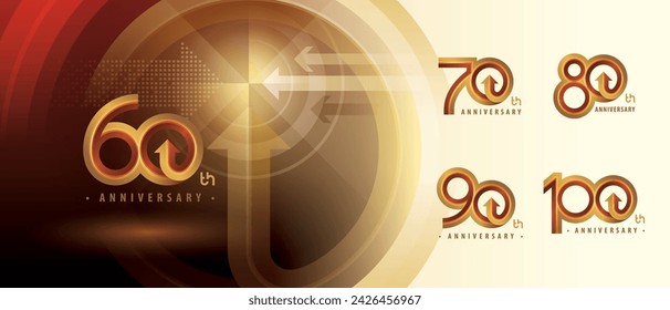 60, 70, 80, 90, 100 year Anniversary logo design, Sixty to Hundred years Anniversary Logo for celebration event, Abstract Golden Circle Arrow, Growth to Success Concept, Curved Gold Arrow Right to Top