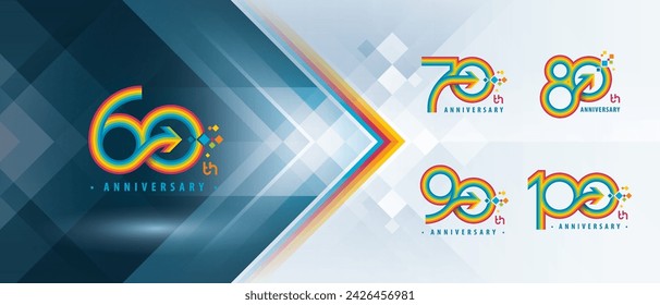 60, 70, 80, 90, 100 year Anniversary logo design, Sixty to Hundred years Anniversary Logo for celebration event, Abstract Colorful Circle Arrow, Growth to Success Concept, Curved Arrow Right to Pixel.