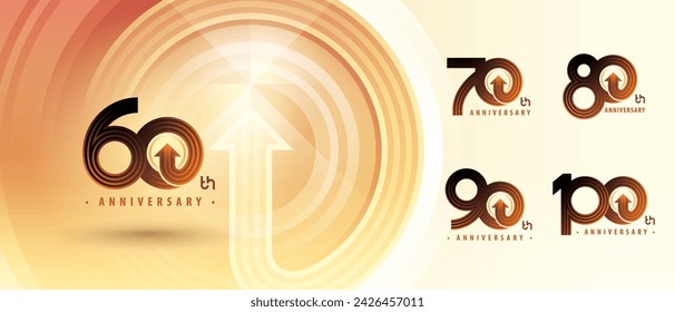 60, 70, 80, 90, 100 year Anniversary logo design, Sixty to Hundred years Anniversary Logo for celebration event, Abstract Double Lines Circle Arrow, Growth to Success Concept, Curve Arrow Right to Top