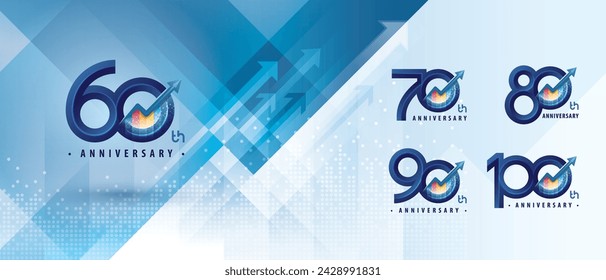 60, 70, 80, 90, 100 year Anniversary logo design, Sixty to Hundred years Anniversary Logo Celebration event, Abstract Arrow Graph Sign, Arrow Graph Growth to Success Concept, Upward Arrow Right to Top