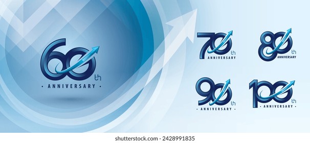 60, 70, 80, 90, 100 year Anniversary logo design, Sixty to Hundred year Anniversary Logo for Celebration event, Abstract Upward Curved Arrow Right to Top, Arrow Growth to Success Concept, Circle Arrow