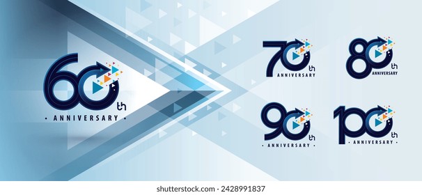 60, 70, 80, 90, 100 años Logotipo de aniversario, 60 a 100 años Logotipo de aniversario evento de celebración, Abstracto círculo flecha de color Píxel, Crecimiento al concepto de éxito, Flecha arriba derecha a arriba.