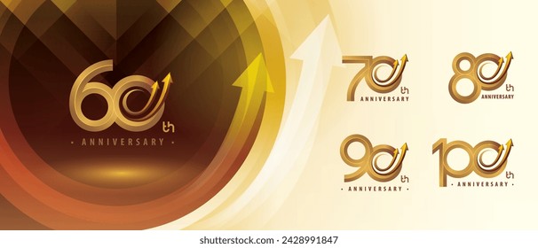 60, 70, 80, 90, 100 Jahre Jubiläums-Logo-Design, Sechzig bis Hundert Jahre Jubiläums-Logo für Feier-Event, Abstrakter Goldkreis-Pfeil, Wachstum zum Erfolg-Konzept, nach oben gebogener Pfeil nach rechts oben