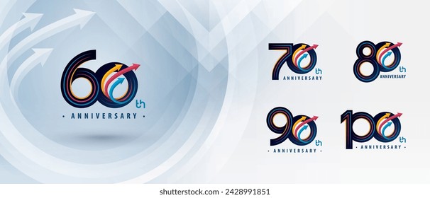 60, 70, 80, 90, 100 year Anniversary logo design, Sixty to Hundred years Anniversary Logo for Celebration event, Abstract Colorful Circle Arrow, Growth to Success Concept, Upward Curved Arrow Right