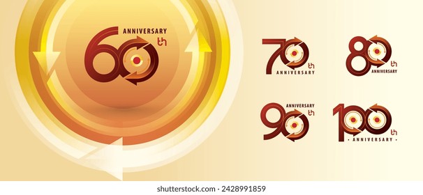 60, 70, 80, 90, 100 year Anniversary logo design, Sixty to Hundred years Anniversary Logo for Celebration event, Abstract Circle Arrow, Recycle Sign logo, Round Recycle Arrow Environment Nature Energy