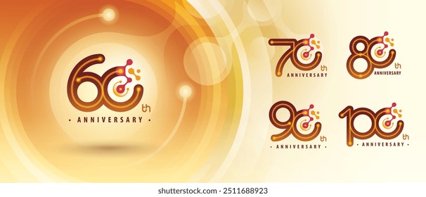 60, 70, 80, 90, 100 year Anniversary logotype design, Sixty to Hundred years Logo for Celebration, Abstract Red Atom Molecule structure particle. Chemistry Science and Biotechnology, molecular biology