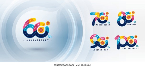 Logotipo de aniversário de 60, 70, 80, 90, 100 anos, Sessenta a Cem anos Logotipo Colorido para Celebração, Partícula de estrutura de Molécula de Átomo Abstrata. Química Ciência e Biotecnologia, biologia molecular.