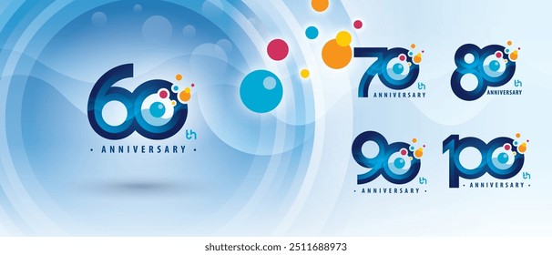 60, 70, 80, 90, 100 year Anniversary logotype design, Sixty to Hundred years Logo for Celebration, Colorful Atom Molecule structure particle. Chemistry Science Lab and Biotechnology, molecular biology