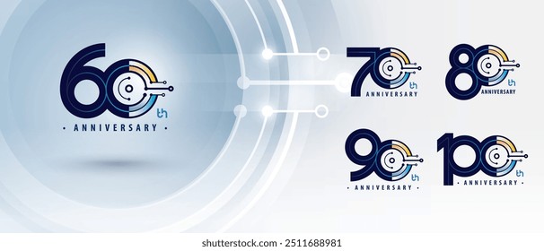 60, 70, 80, 90, 100 year Anniversary logotype design, Sixty to Hundred years Logo for Celebration, Abstract Connected Circle lines and dots Circuit Board, Global network connection, Digital technology