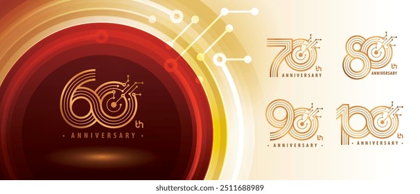60, 70, 80, 90, 100 Jahre Jubiläums-Logo-Design, 60 bis 100 Jahre Jubiläums-Logo für Feierlichkeiten, Connected Gold-Linien und dot Circuit Board, Globale Netzwerkverbindung, Digitale Technologie