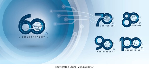 60, 70, 80, 90, 100 year Anniversary logotype design, Sixty to Hundred years Logo for Celebration, Abstract Connected Curved lines and dots Circuit Board, Global network connection, Digital technology