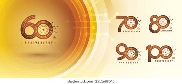Logotipo del aniversario de 60, 70, 80, 90, 100 años, logotipo del aniversario de sesenta a cien años para la celebración, líneas conectadas Abstractas y Tablero de puntos del circuito, conexión de red global, tecnología digital,