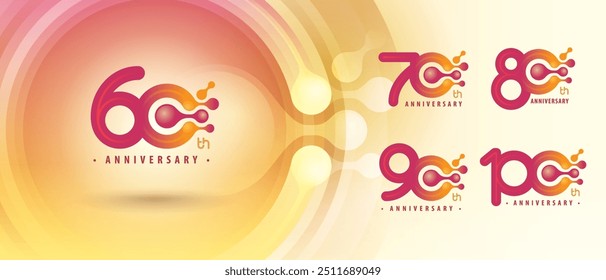 60, 70, 80, 90, 100 year Anniversary logotype design, Sixty to Hundred years Logo for Celebration, Abstract Red Atom Molecule structure particle. Chemistry Science and Biotechnology, molecular biology