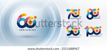 60, 70, 80, 90, 100 year Anniversary logotype, Sixty to Hundred years Colorful Logo for Celebration, Abstract Atom Molecule structure particle. Chemistry Science and Biotechnology, molecular biology.