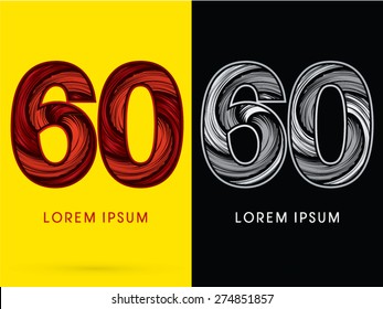 60 ,Abstract Number , font, concept  Spin, designed using red,black and white, grunge brush, sign.