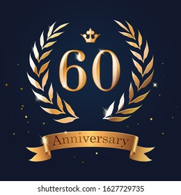 60 Anniversary badge design with laurel, ribbon and crown. Celebration banner.