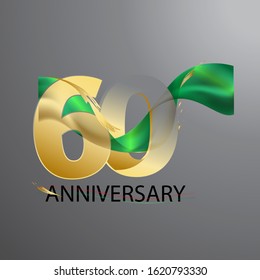 60 Anniversary celebrations emblems vector gold with a green ribbon , anniversary template design for web, game ,Creative poster, booklet, leaflet, flyer, magazine, invitation card and other us