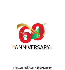 60 anniversary design logotype red color and golden ribbon for celebration isolated on white background