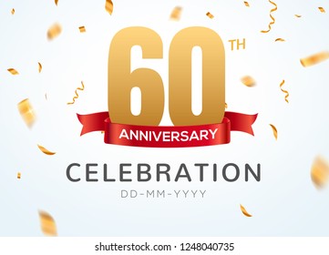 60 Anniversary gold numbers with golden confetti. Celebration 60th anniversary event party template.