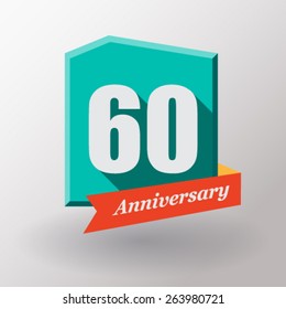 60 Anniversary   label with ribbon. Flat design.