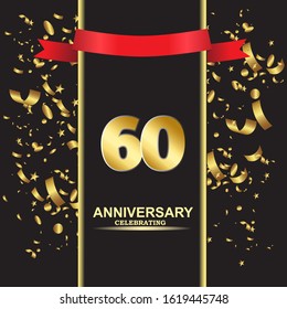 60 anniversary logo with confetti golden colored and red ribbon isolated on black background, vector design for greeting card and invitation card