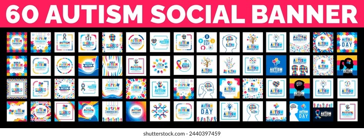 60 big mega bundle of Autism Awareness Day social media post banner design. Autism Awareness Day banner or background big set with puzzle piece, child hand, ribbon, love icon, child girl, boy vector.